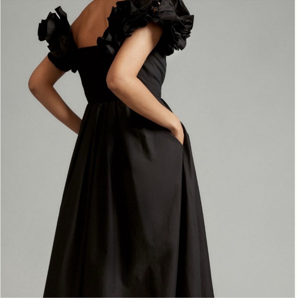 Maeve Elegant Black Midi Dress with Ruffle Details